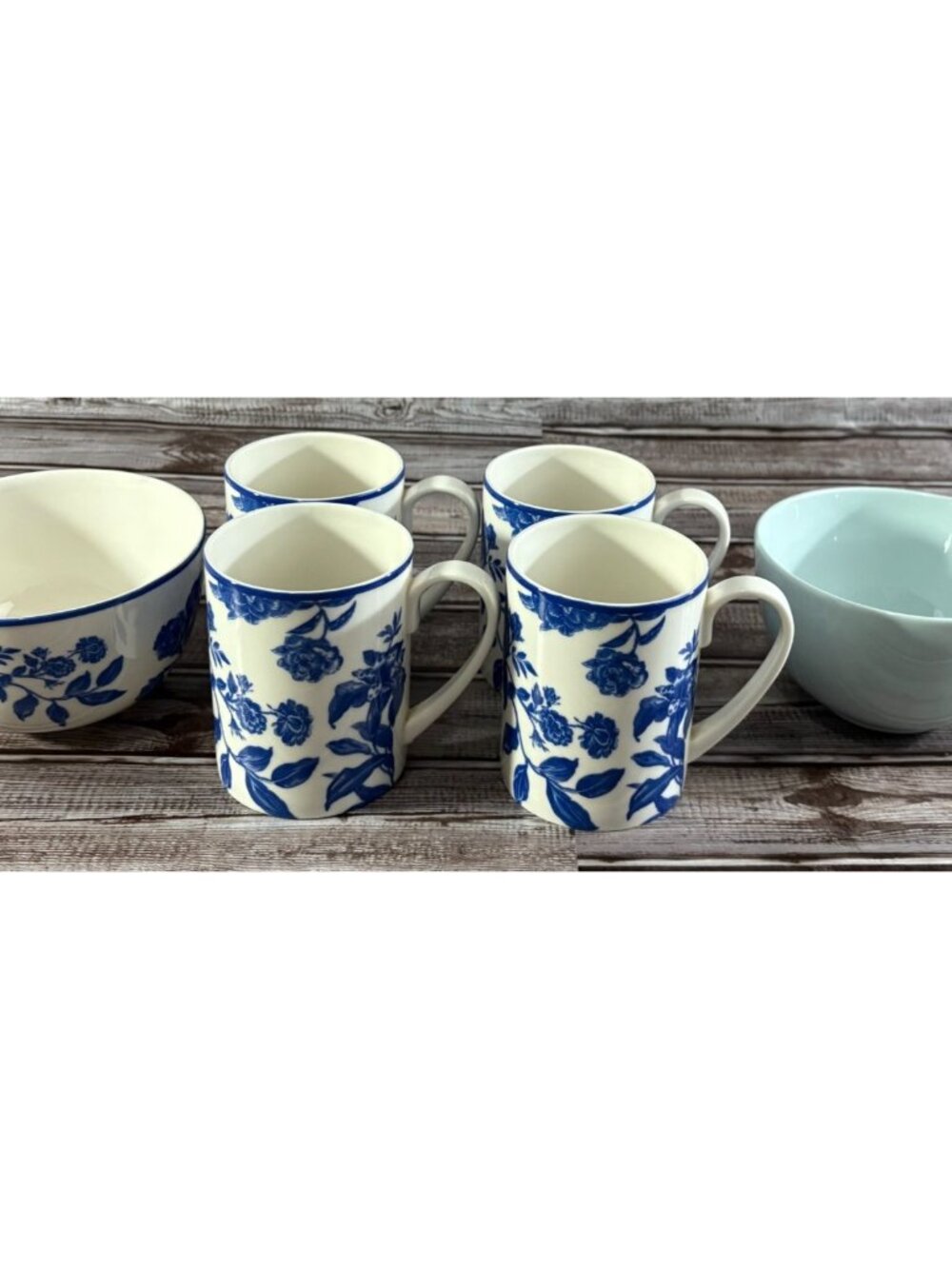 Martha Stewart Orleans Cobalt Blue White Peony Macy's bowl + 4 cups + green bowl